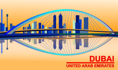 The symbols of Dubai - United Arab Emirates - Tolerance bridge across the canal background view with Dubai city drawing in vector