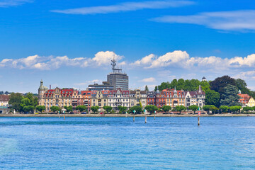 View from harbor on old historic buildings across Lake Constance in Konstanz city in Germany