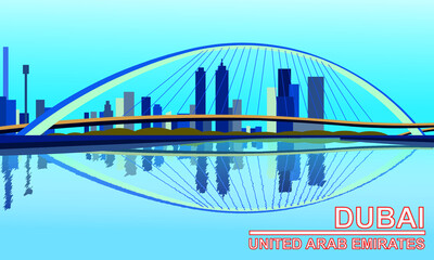 The symbols of Dubai - United Arab Emirates - Tolerance bridge across the canal background view with Dubai city drawing in vector
