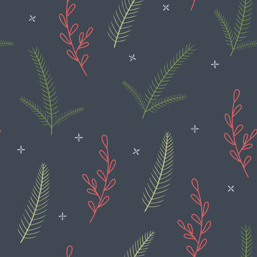 Christmas pattern with fir branches and snowflakes. Vector seamless pattern for the new year. Flat simple style. For wrapping paper, fabric, Wallpaper, scrapbooking.