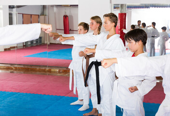 Obraz premium Dzieci w kimonach ćwiczą efektywne techniki karate w treningu grupowym na sali treningowej