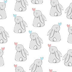 Seamless pattern Rabbit. Beautiful Decorative Bunny Blue Background, Element for design. Print textile. Vector.