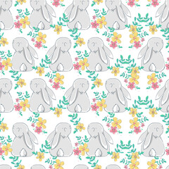 Seamless pattern Rabbit and flowers. Beautiful Decorative Bunny Blue Background, Element for design. Print textile. Vector.