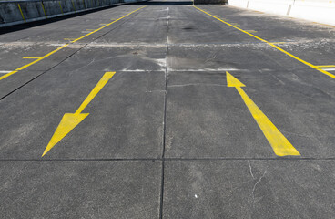 yellow arrow marks on dark asphalt point in opposite directions.