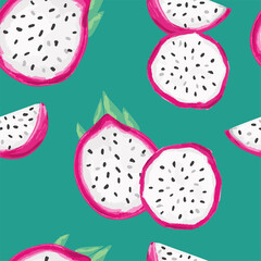 Hand Drawn Pitaya Fruit Vector Illustration. Seamless pattern Red Dragon Fruit background. Trend print for summer textiles. Fashionable pattern.