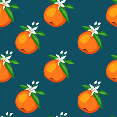 Seamless pattern blooming orange Fruits with leaves and flowers Vector illustration. Trend Fruit Print for textiles.