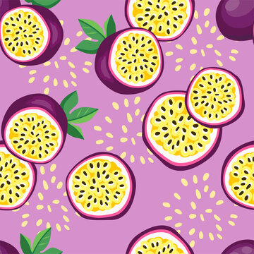Hand drawn vector seamless pattern passion fruit. Print design for fashionable textile. Fruit trendy summer fabric.