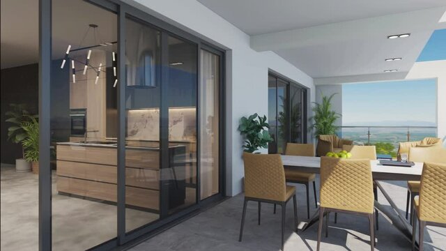 3D-Illustration. Camera flight through  the apartment with a terrace and a view of the open horizon