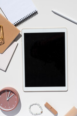 White and gold tablet pc with stylus mockup. Feminine stylish desk. Top view vertical mockup