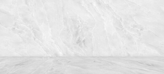 Room empty of white marble flooring with for interior decoration used as studio background wall to display your products. © chiew