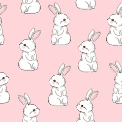 Seamless Pattern Rabbit. Hand Drawn Bunny, print design rabbit pink background. Vector Seamless. Print Design Textile for Kids Fashion.