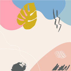 Abstract tropical  background or posters with modern decorative design, pastel colors. Modern collage with leaves and shapes. Hand drawn vector illustration.
