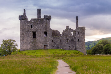 Kilchurn Castle, the ruins of a Scottish Castle, at twlight after sun set, Loch Awe, Scotland