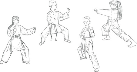 Fototapeta na wymiar boys and girls in white kimonos practice karate standing in a fighting stance