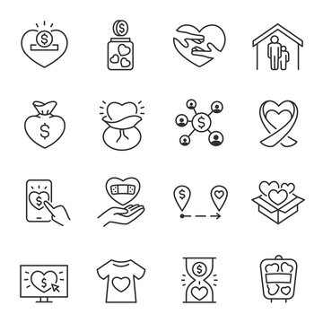 Charity, Icon Set. Voluntary Giving Of Help, Charitable Organization, Fundraising, Linear Icons. Line With Editable Stroke