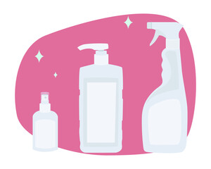 Empty disinfectant containers flat vector illustration. Antiseptic Bottle Concept. Hygiene, virus protection, processing and disinfection of hands and surfaces.
