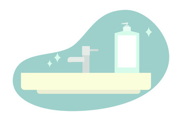 Naklejka premium Hand hygiene and virus protection flat vector illustration. Wash basin and antiseptic, disinfectant. Hand hygiene during a virus, infection, epidemic, coronavirus pandemic concept.