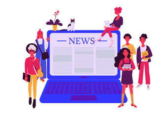 People reading online news article on tablet screen. Happy person using web service for reading news.