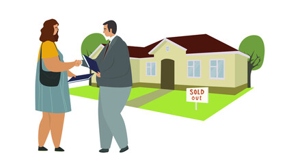 Sold house with people, realtor and buyer exchange papers, documents in front of the house with a sign sold, flat vector illustration. Real estate, sold house, home purchase, successful deal concept