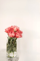 Beautiful pink peony flowers bouquet in glass vase on marble table on white background. Beauty floral composition. Minimal interior design decoration