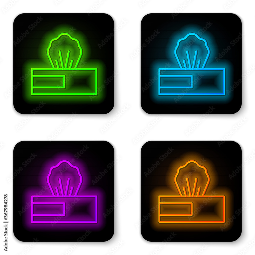 Poster glowing neon line wet wipe pack icon isolated on white background. black square button. vector..