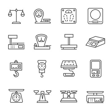 Weighing scale, icon set. Beam balance. Device to measure weight or mass, mechanical and electronic, linear icons. Editable stroke