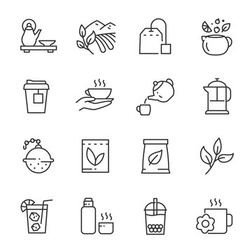 Tea, icon set. Tea tree leaf drink, linear icons. Line with editable stroke