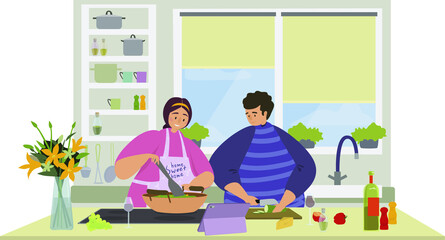 Cooking Video Tutorials at home flat vector illustration. A guy and a girl, a man and a woman cook at home by a video tutorial. Quarantine isolation during a virus, coronavirus concept.