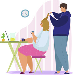 Video lesson home haircut flat vector illustration. Man, boy makes a haircut, hairstyle to girl, woman watching video instruction on laptop. Quarantine isolation during a virus, coronavirus concept.
