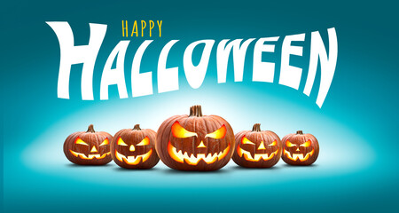 Five halloween, Jack O Lanterns, with evil spooky eyes and faces isolated against a blue lit background with the words Happy Halloween.