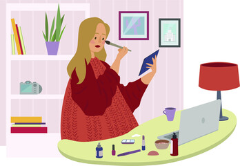 Self-made makeup by video tutorial at home flat vector illustration. Girl, woman doing makeup by video tutorials on home isolation. Quarantine isolation during a virus, coronavirus concept.