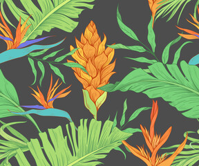 Fototapeta na wymiar Colorful seamless pattern with exotic flowers and leaves. Dark background