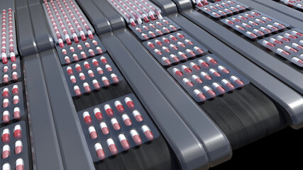 pharmacy medicine capsule pill in production line at medical factory