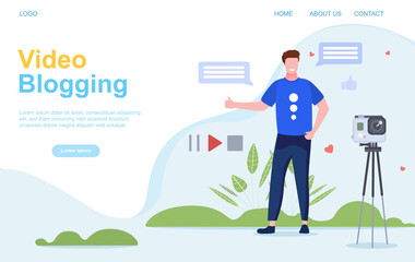 Vlogging or Video Blogging concept with the young man shooting video clip for social networks. Flat vector illustration