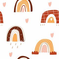 Seamless children's pattern with rainbows and hearts,. Scandinavian children's texture for fabric, wraps, textiles, Wallpaper, clothing. Vector.