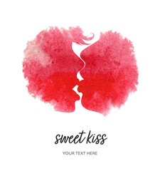 Hand drawn watercolor illustration outline of romantic kiss of two lovers on watercolor spine red heart background.
