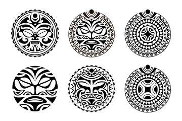 Set of round tattoo ornament with sun symbols face  and swastika. Maori, african, maya, aztec, ethnic, tribal style.