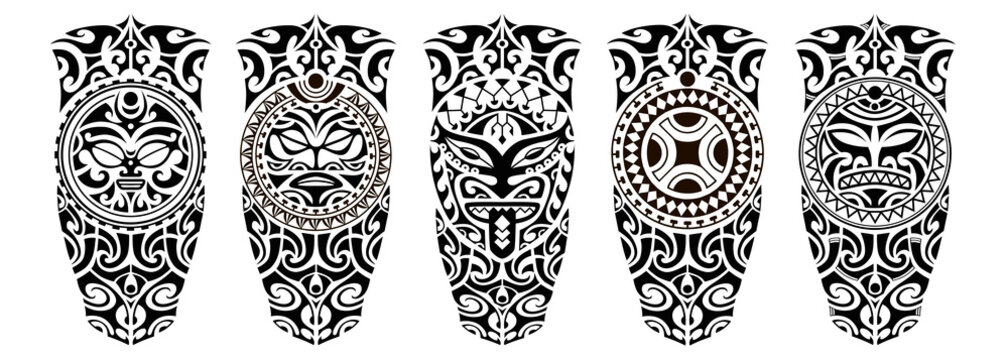 Set of tattoo sketch maori style for leg or shoulder	 with sun symbols face and swastika. 
