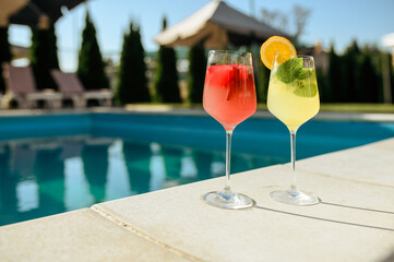 Fresh coctails at the poolside outdoors, nobody