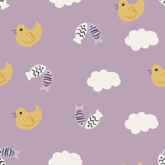 Childish Seamless pattern hand drawn ducks and fish. Creative animal design for apparel, fabric, textile, stationary, wrapping, wallpaper.
