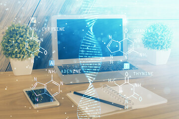 Desktop computer background and DNA drawing. Double exposure. Science concept.