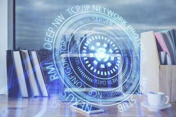 Double exposure of computer and technology theme drawing. Concept of innovation.