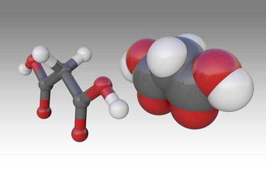 Molecular model of malonic or propanedioic acid. Atoms are represented as spheres with color coding: carbon (grey), oxygen (red), hydrogen (white). 3d illustration