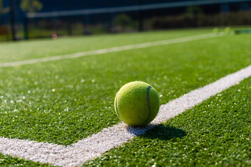 View of empty lawn tennis court with tennis ball