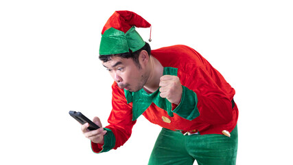 Asian men dressed as clowns He is using a smartphone to shopping online. He is happy to have a product that is pleasing and cheap. On white background and clipping path.
