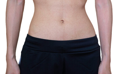 Fototapeta na wymiar Women with a slim, slender and shapely belly He is in good health to keep his body from fat. On white background and clipping path.