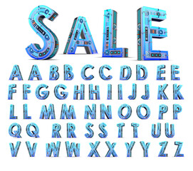 Blue neon light 3d alphabet illustration.