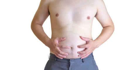 Naklejka premium The young man has a fat belly. Have a lot of belly fat Which is not good for his health Causing disease to him. On White background and clipping path.