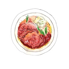 Roast beef in sauce with rosemary end basil,  healthy food, restaurant menu, Italian recipe. Рand drawing watercolor
