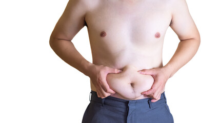 Naklejka premium The young man has a fat belly. Have a lot of belly fat Which is not good for his health Causing disease to him. On White background and clipping path.
